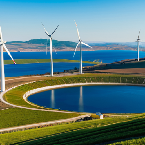 Home 6 A male professional engineer, wearing a modest business suit, stands on a hill overlooking a vast, innovative renewable energy landscape in Spain. In the foreground, large, modern wind turbines are visible, gracefully spinning. In the mid-ground, a floating solar farm extends across a calm reservoir, reflecting the clear sky. In the distance, a glimpse of a green hydrogen production facility with clean industrial architecture. The scene is bathed in bright, natural sunlight, conveying progress and sustainability. safe for work, appropriate content, fully clothed, professional, perfect anatomy, correct proportions, natural pose, well-formed hands, proper finger count, natural body proportions, high-quality photograph, realistic.
