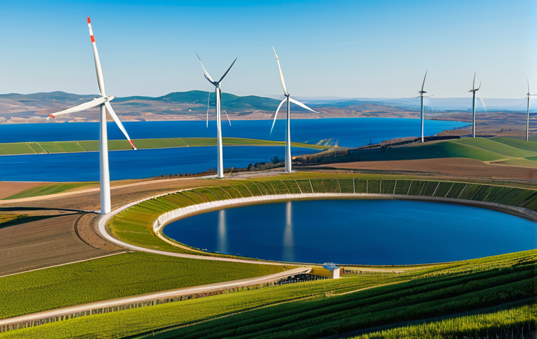 A male professional engineer, wearing a modest business suit, stands on a hill overlooking a vast, innovative renewable energy landscape in Spain. In the foreground, large, modern wind turbines are visible, gracefully spinning. In the mid-ground, a floating solar farm extends across a calm reservoir, reflecting the clear sky. In the distance, a glimpse of a green hydrogen production facility with clean industrial architecture. The scene is bathed in bright, natural sunlight, conveying progress and sustainability. safe for work, appropriate content, fully clothed, professional, perfect anatomy, correct proportions, natural pose, well-formed hands, proper finger count, natural body proportions, high-quality photograph, realistic.
