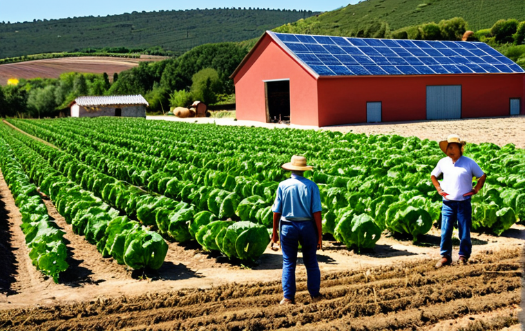 Sustainable Food Production**
"A vibrant image showcasing a family-run organic farm in the Spanish countryside, with rows of healthy crops, solar panels on a barn roof, and farmers using sustainable agricultural practices. Include a diverse array of fruits and vegetables, highlighting freshness and quality. Focus on natural light and a positive, family-friendly atmosphere. Safe for work, appropriate content, fully clothed farmers in modest attire, professional photography, perfect anatomy, natural proportions, high quality."
**