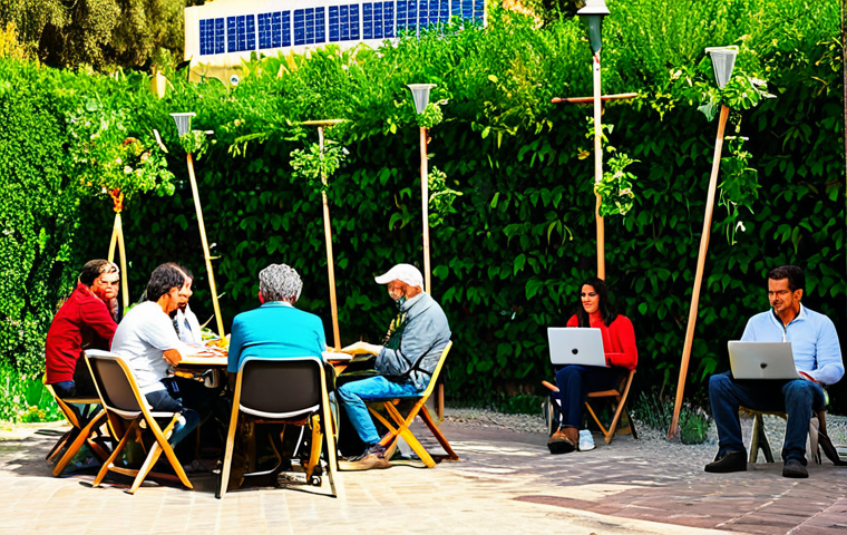 Sustainable Finance**
"A vibrant community garden crowdfunding event in Seville, Spain. People are using their mobile phones and laptops, surrounded by lush plants and solar panels. Fully clothed individuals are engaging in discussions. Safe for work, appropriate content, fully clothed, professional. Perfect anatomy, correct proportions, natural pose, well-formed hands, proper finger count, natural body proportions, professional photography, high quality."
**