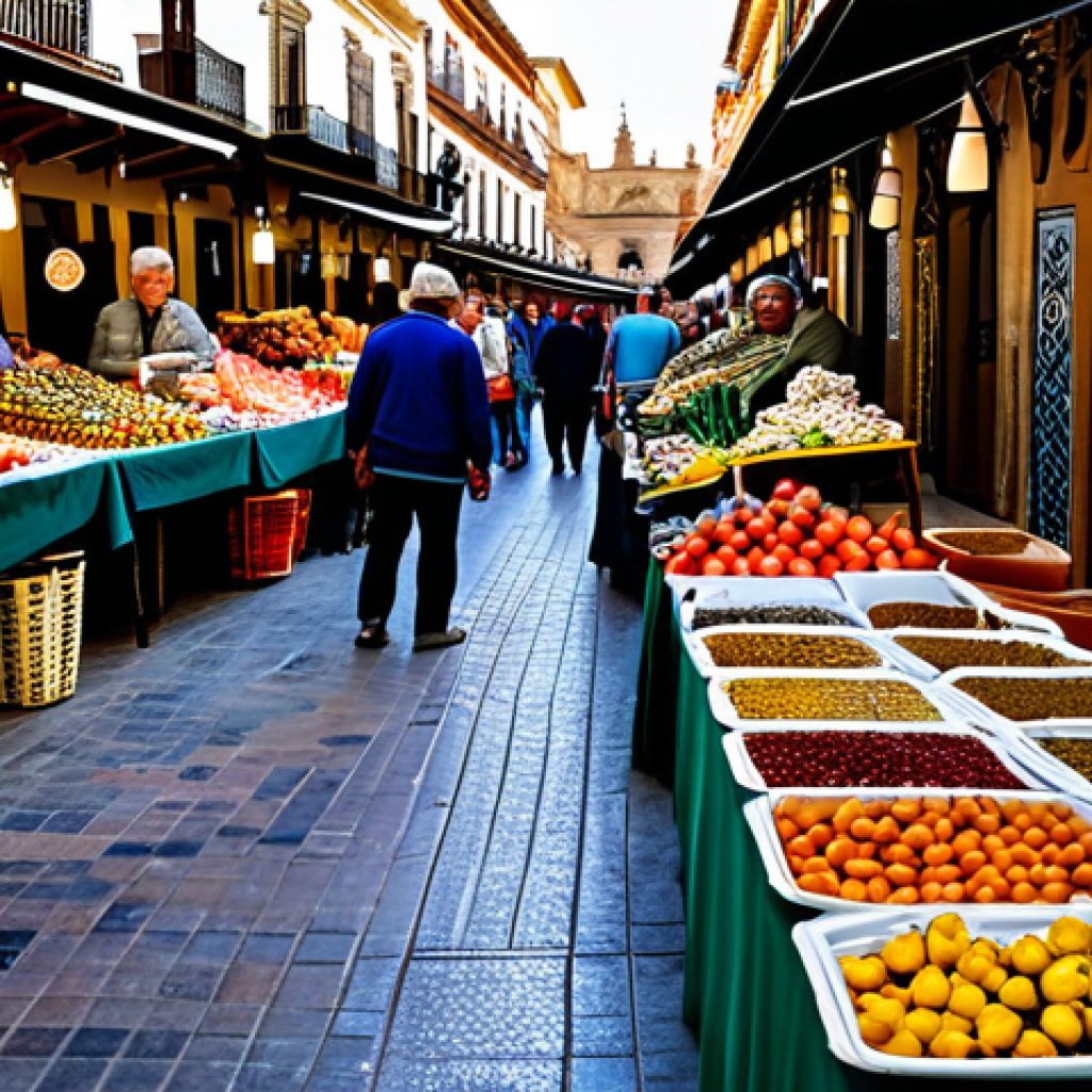 녹색산업 전문가의 직무 일지 - ** "A bustling marketplace in Seville, Spain, filled with vendors selling colorful ceramics and fres...
