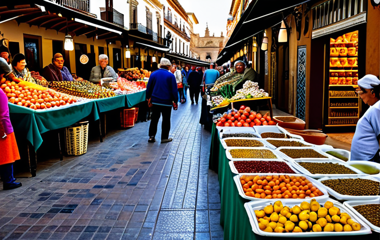 녹색산업 전문가의 직무 일지 - ** "A bustling marketplace in Seville, Spain, filled with vendors selling colorful ceramics and fres...