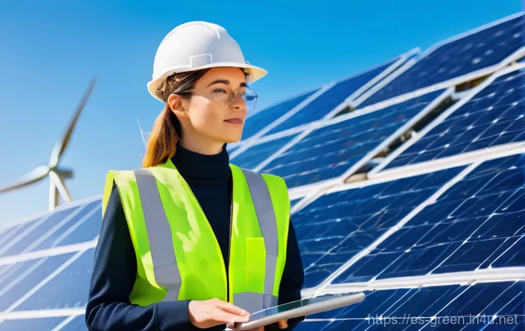 녹색산업 자격증 취득 후 커리어 - **Renewable Energy Expert in Action**
    A highly skilled female engineer, dressed in a professiona...