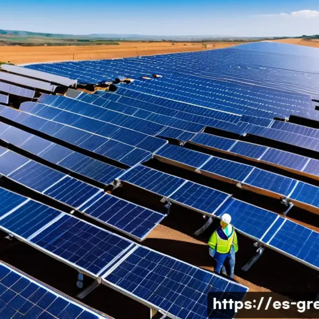 녹색산업 직무 변화 트렌드 - A modern solar and wind energy installation site in Spain, featuring skilled technicians wearing pro...
