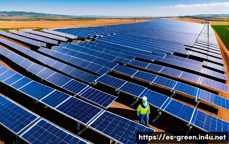 녹색산업 직무 변화 트렌드 - A modern solar and wind energy installation site in Spain, featuring skilled technicians wearing pro...
