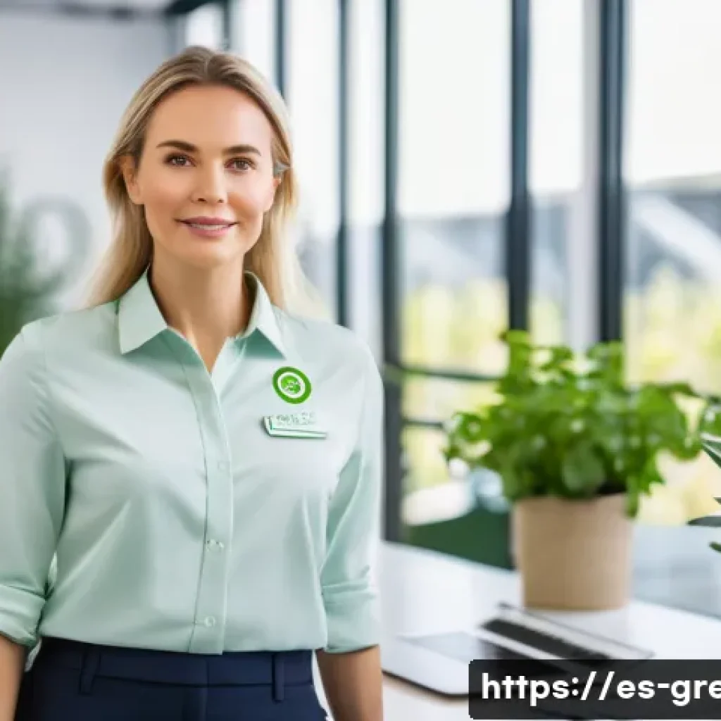 녹색산업 자격증 취득의 장점 - A professional woman in business casual attire wearing an eco-friendly certification badge, standing...