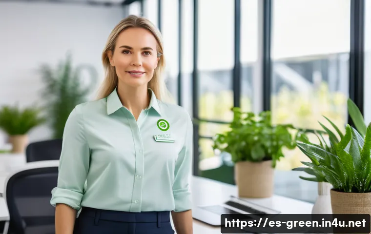 녹색산업 자격증 취득의 장점 - A professional woman in business casual attire wearing an eco-friendly certification badge, standing...