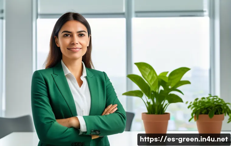 녹색산업 자격증의 장점 - A professional Spanish woman in business casual attire wearing a certified green industry badge, sta...