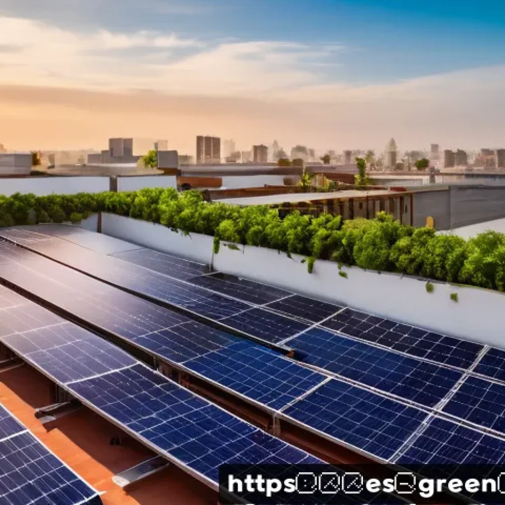 녹색산업 전문가 이론학습 방법 - A vibrant urban rooftop solar panel installation in a modern Mexican cityscape at sunset, showing di...