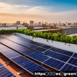 녹색산업 전문가 이론학습 방법 - A vibrant urban rooftop solar panel installation in a modern Mexican cityscape at sunset, showing di...