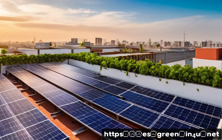 녹색산업 전문가 이론학습 방법 - A vibrant urban rooftop solar panel installation in a modern Mexican cityscape at sunset, showing di...