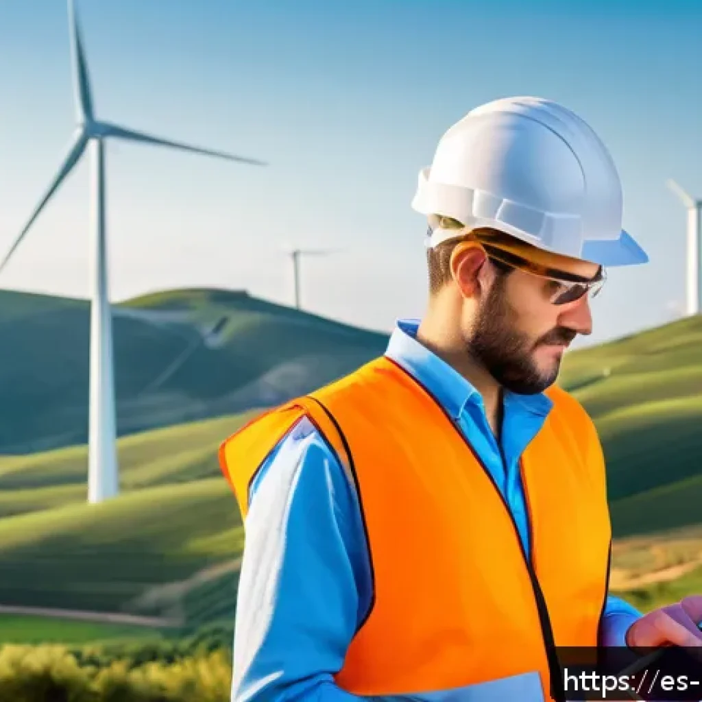 녹색산업 전문가 직무 확장 - A detailed scene of a renewable energy engineer working outdoors at a modern wind farm in Spain duri...