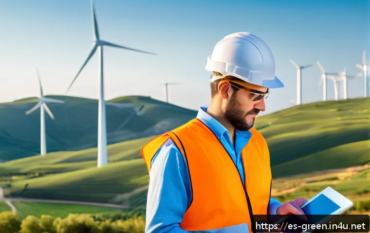 녹색산업 전문가 직무 확장 - A detailed scene of a renewable energy engineer working outdoors at a modern wind farm in Spain duri...