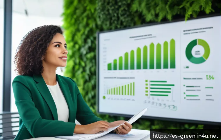 녹색산업 분야의 경쟁력 있는 자격증 - A professional woman in business casual attire confidently presenting an environmental sustainabilit...