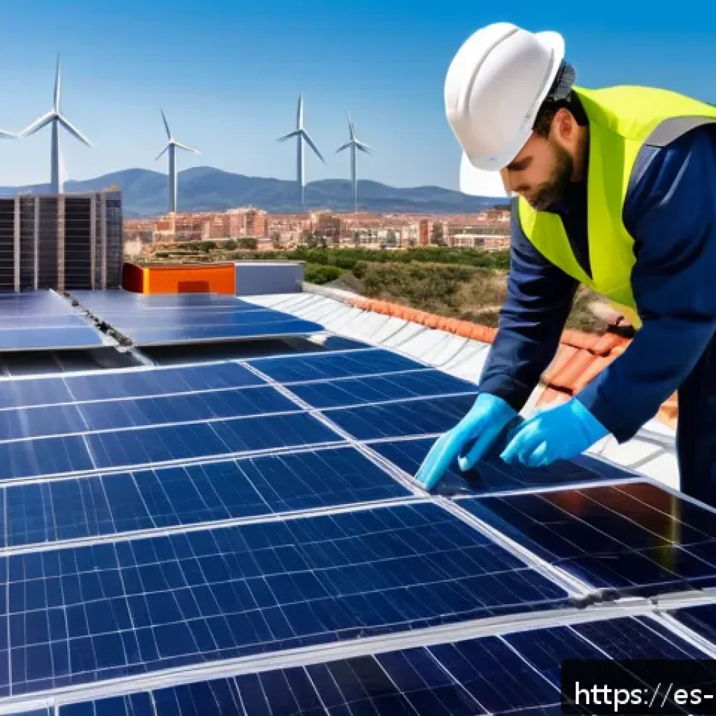 녹색산업 현장 실습 - A vibrant urban rooftop solar installation scene in Spain during a sunny day, featuring professional...