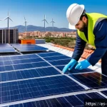 녹색산업 현장 실습 - A vibrant urban rooftop solar installation scene in Spain during a sunny day, featuring professional...