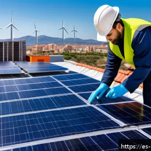 녹색산업 현장 실습 - A vibrant urban rooftop solar installation scene in Spain during a sunny day, featuring professional...