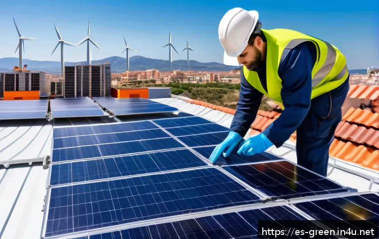 녹색산업 현장 실습 - A vibrant urban rooftop solar installation scene in Spain during a sunny day, featuring professional...